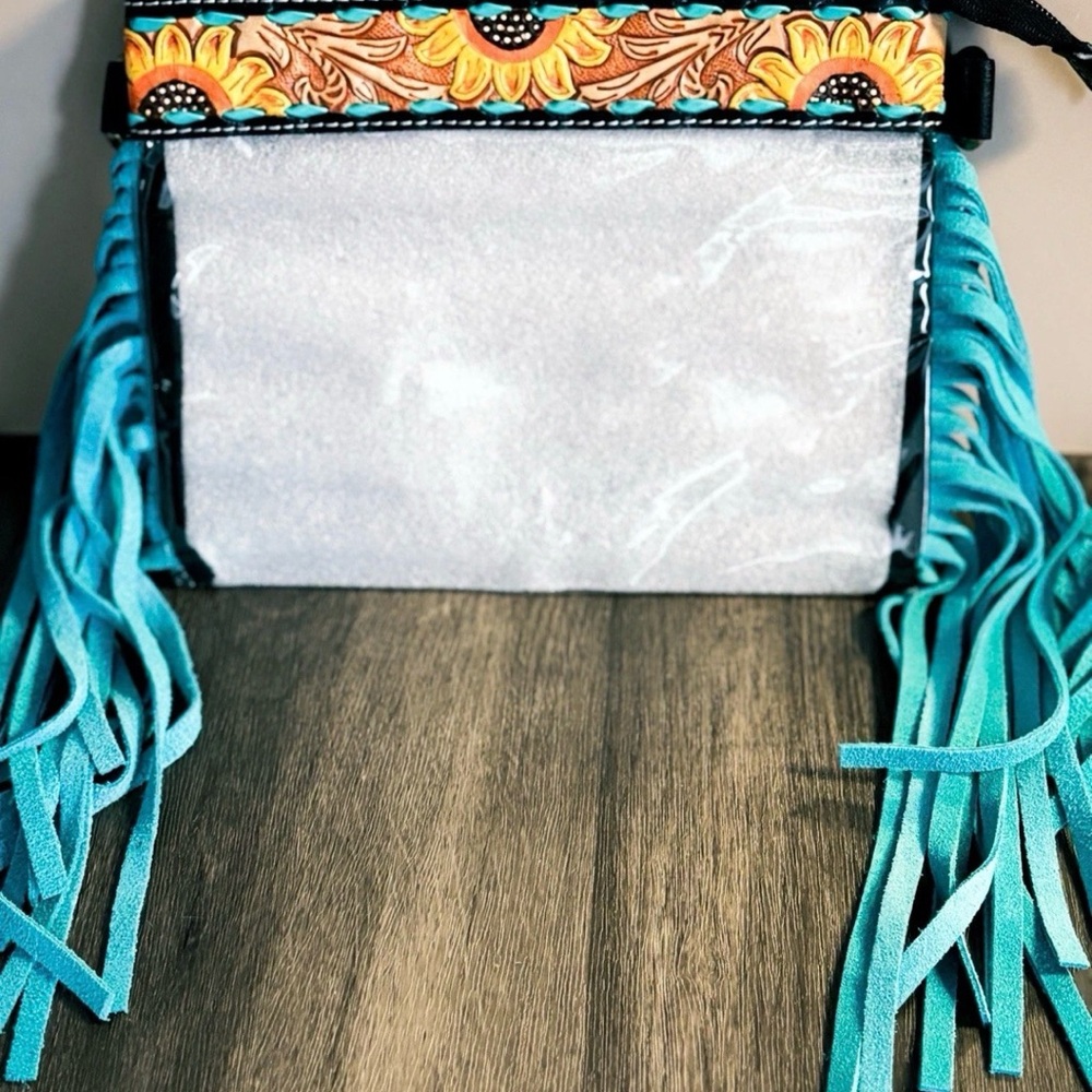 Vibrant Sunflower Women's Shoulder Bag with Blue Fringe Unworn display model - Picture 3 of 8